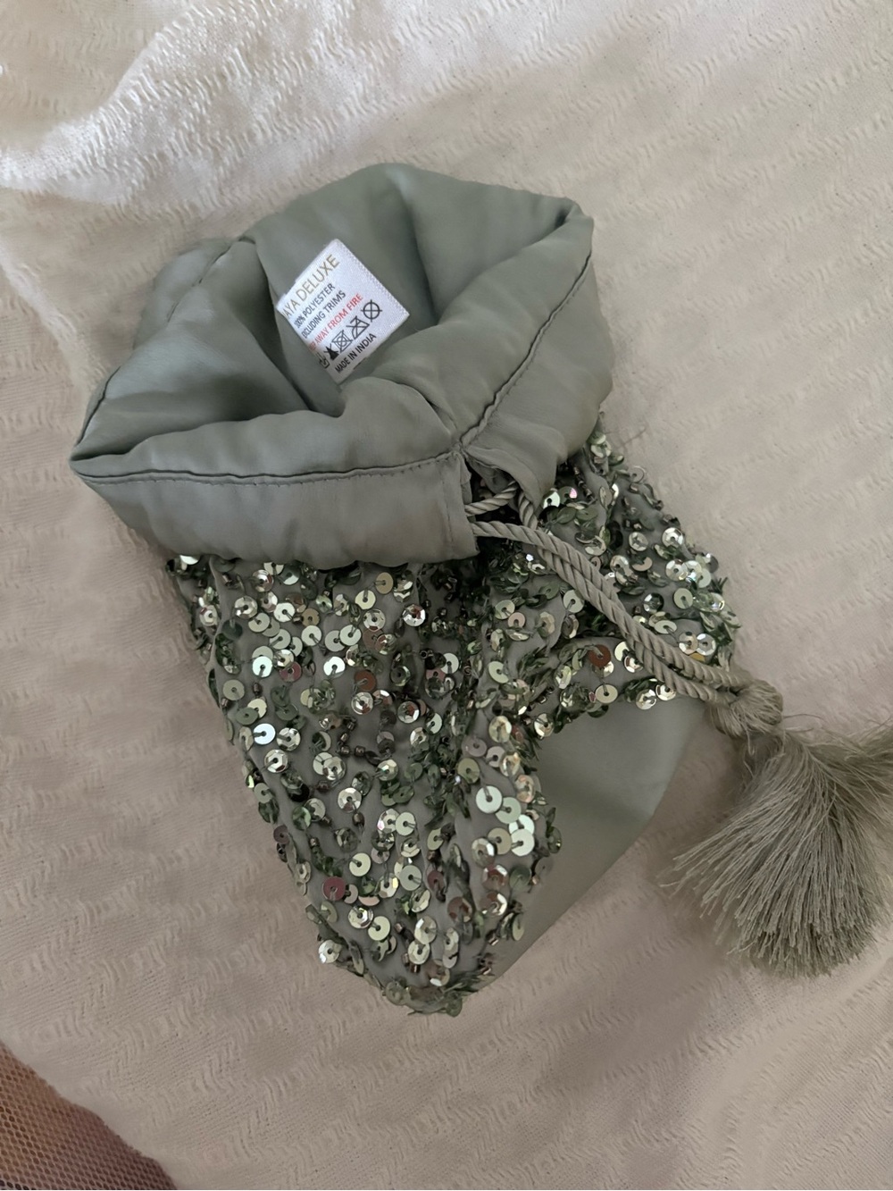 Sequin Drawstring Pouch Clutch in Sage Green